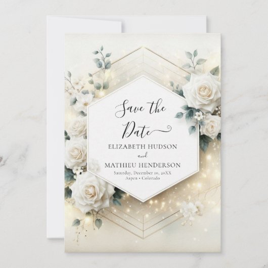 Save The Date Romance botanique Roses blanches Mariage (Devant)