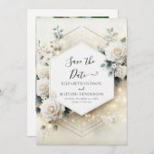 Save The Date Romance botanique Roses blanches Mariage (Devant / Derrière)
