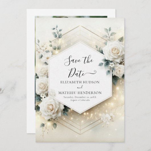 Save The Date Romance botanique Roses blanches Mariage (Devant / Derrière)