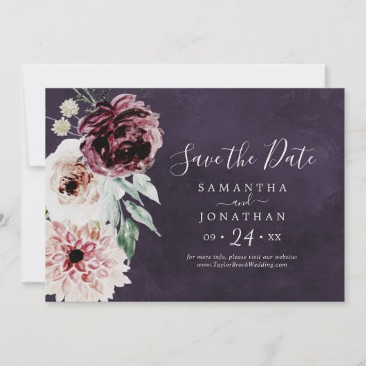 Save The Date Romance florale | Plum horizontal (Devant)