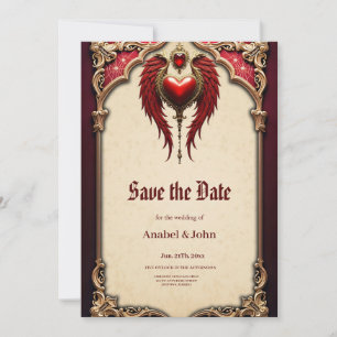 Save The Date Romance vintage avec un coeur et des ailes.