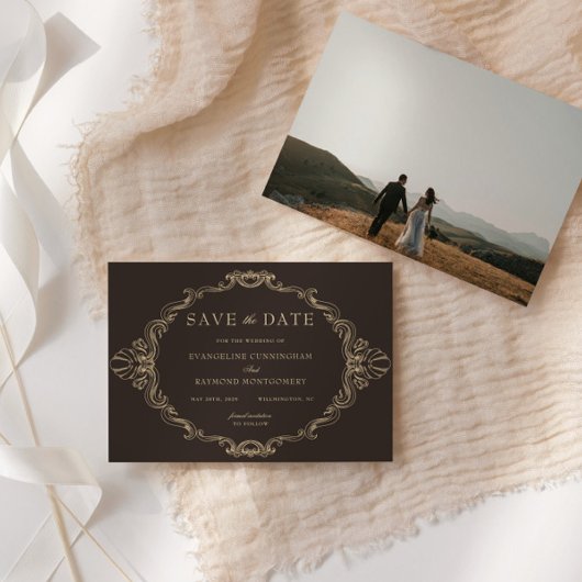 Save The Date Romantic Baroque Ornate Frame Dark Brown Photo