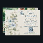 Save The Date Romantic Blue Floral Photo QR Code Mariage<br><div class="desc">Romantic Blue Floral Photo QR Code Wedding Save The Date Card présente des fleurs de céleste bleu poussiéreux et de delphinium avec une végétation d'eucalyptus agrémentée de papillons. Ajoutez votre texte personnalisé dans un élégant script de calligraphie moderne, avec votre site Web mariage et votre code QR avec votre photo...</div>