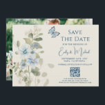 Save The Date Romantic Blue Floral Photo QR Code Mariage<br><div class="desc">Romantic Blue Floral Photo QR Code Wedding Save The Date Card présente des fleurs de céleste bleu poussiéreux et de delphinium avec une végétation d'eucalyptus agrémentée de papillons. Ajoutez votre texte personnalisé dans un élégant script de calligraphie moderne, avec votre site Web mariage et votre code QR avec votre photo...</div>