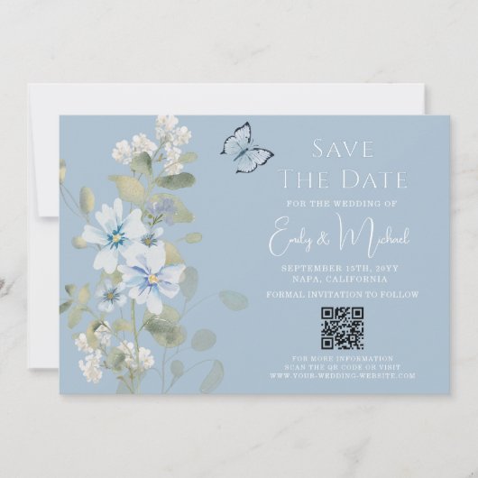 Save The Date Romantic Blue Floral Photo QR Code Mariage (Devant)