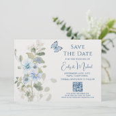 Save The Date Romantic Blue Floral Photo QR Code Mariage (Debout devant)