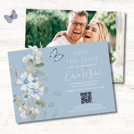 Save The Date Romantic Blue Floral Photo QR Code Mariage