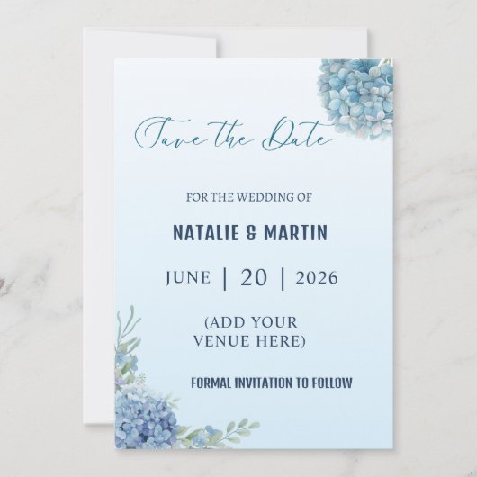 Save The Date Romantic Dusty Blue Hydrangea Watercolor Wedding (Devant)