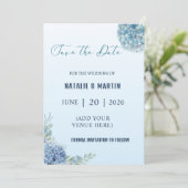 Save The Date Romantic Dusty Blue Hydrangea Watercolor Wedding (Debout devant)