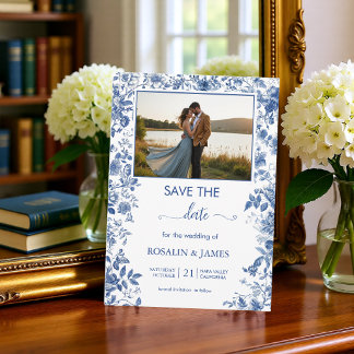 Save The Date Romantic Dusty Blue Toile Floral Photo