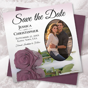Save The Date Romantic Dusty Mauve Rose with Oval Photo Wedding