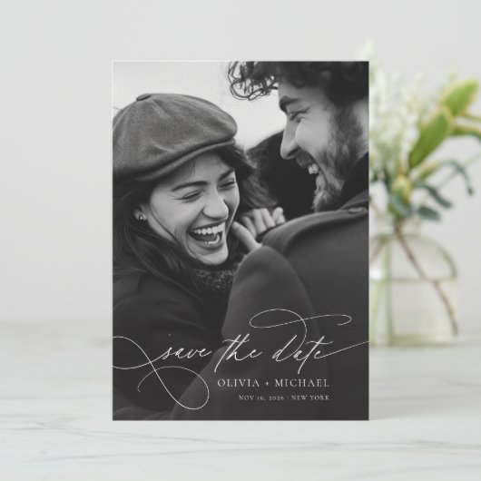 Save The Date Romantic Elegant Script Mariage photo (Debout devant)