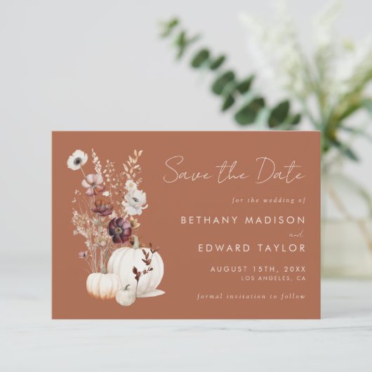 Save The Date Romantic Fall Terracotta Fleur sauvage Mariage (Debout devant)