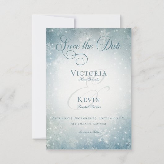 Save The Date Romantic Falling Snow Blue & White Sparkings (Devant)