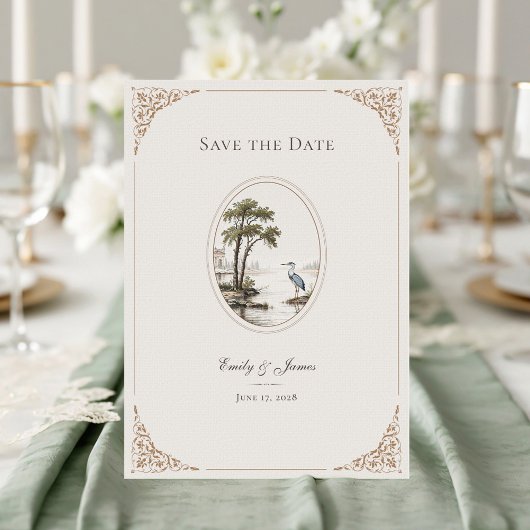 Save The Date Romantic French Heron Oval Frame Wedding