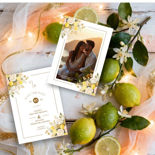 Save The Date Romantic Mediterranean Lemons Floral Bunch Wedding