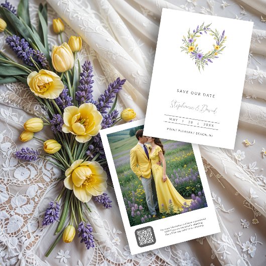 Save The Date Romantic Minimal Wedding Yellow & Lavender Wreath