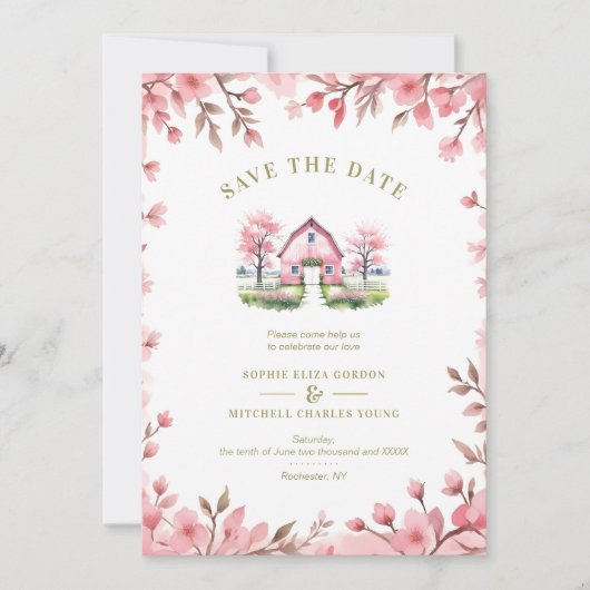 Save The Date Romantic Pink Barn Rustic Landscape Floral Frame (Devant)