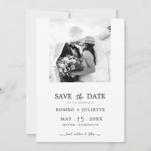 Save The Date Romantic Simple Black&White Photo Enregistrer la d (Devant)
