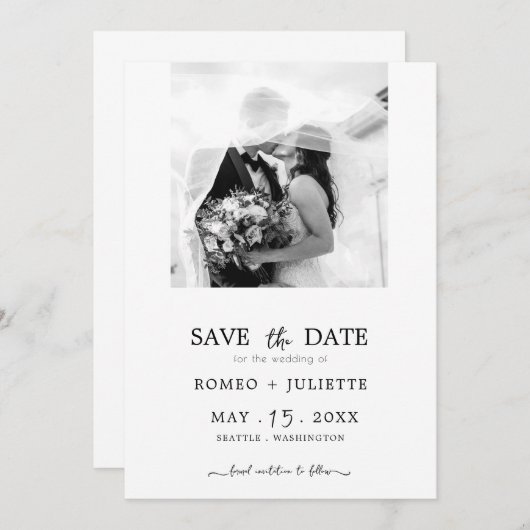 Save The Date Romantic Simple Black&White Photo Enregistrer la d (Devant / Derrière)