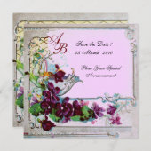 Save The Date ROMANTICA 4 MONOGRAM, Fleurs Rose Violet Mariage (Devant / Derrière)