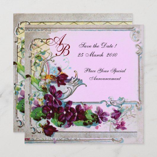 Save The Date ROMANTICA 4 MONOGRAM, Fleurs Rose Violet Mariage (Devant / Derrière)
