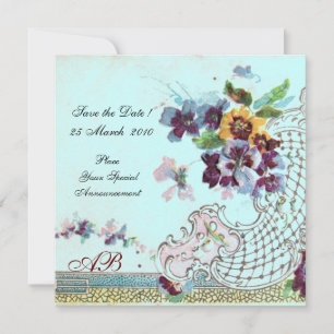 Save The Date ROMANTICA Floral Rose Bleu Canard Mariage Monogram
