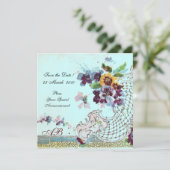 Save The Date ROMANTICA Floral Rose Bleu Turquoise Mariage Monog (Debout devant)
