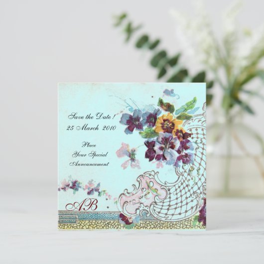 Save The Date ROMANTICA Floral Rose Bleu Turquoise Mariage Monog (Debout devant)
