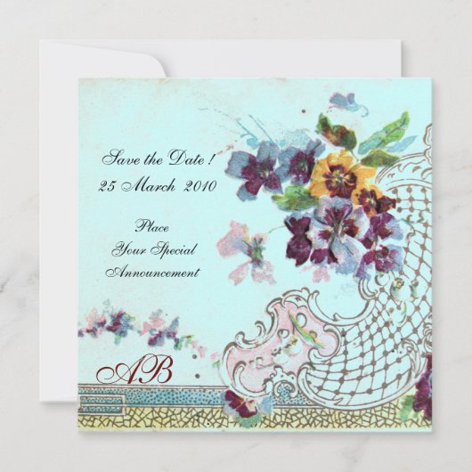 Save The Date ROMANTICA Floral Rose Bleu Turquoise Mariage Monog (Devant)