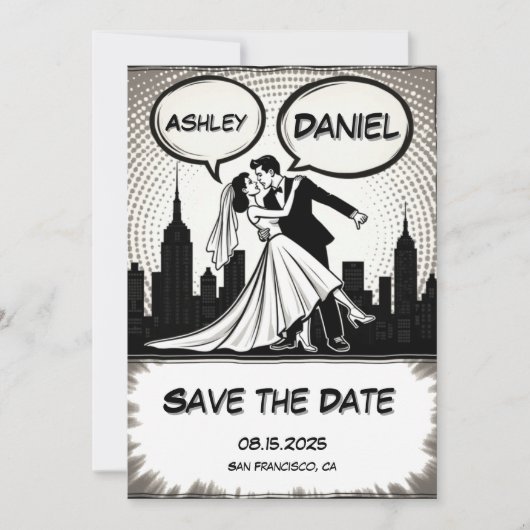 Save The Date Romantique Black & White Comic Book Mariage élégan (Devant)