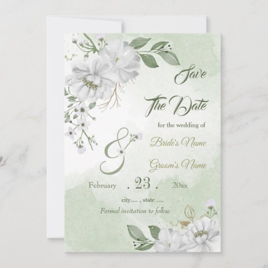 Save The Date Romantique blanc vert fleuri (Devant)