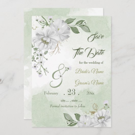 Save The Date Romantique blanc vert fleuri (Devant / Derrière)