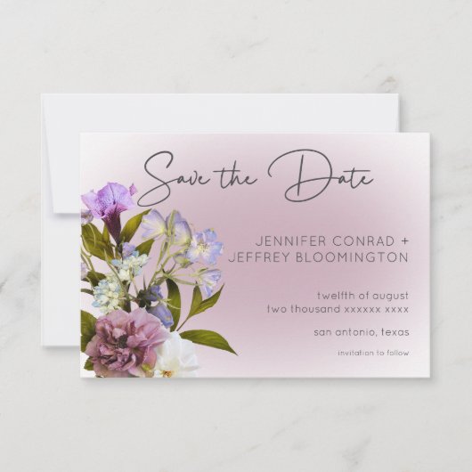 Save The Date Romantique Blanc & Violet Floral Mariage moderne (Devant)