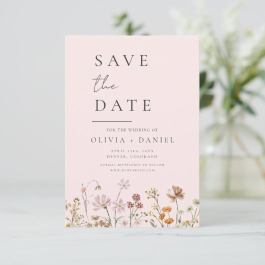 Save The Date Romantique Blush rose Fleurs sauvages Boho Enregis (Debout devant)
