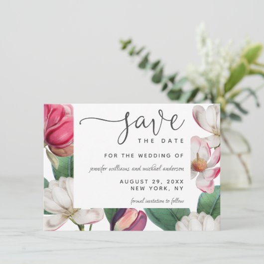 Save The Date Romantique Boho Magnolia Floral Enregistrer la dat (Debout devant)
