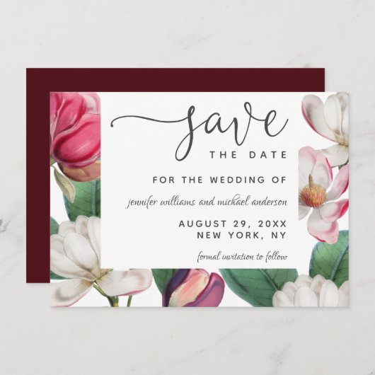 Save The Date Romantique Boho Magnolia Floral Enregistrer la dat (Devant / Derrière)