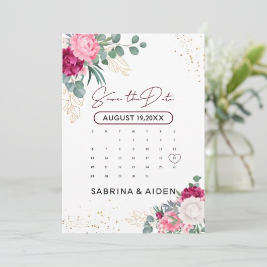 Save The Date Romantique Burgundy Blush Rose Floral Enregistrer  (Debout devant)