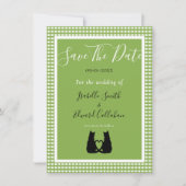 Save The Date Romantique Chat Noir Couple Vert En vichy Motif (Devant)