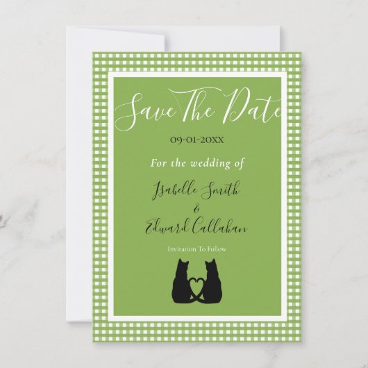 Save The Date Romantique Chat Noir Couple Vert En vichy Motif (Devant)