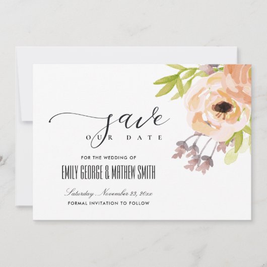 SAVE THE DATE ROMANTIQUE CHIC ROSE PÊCHE VIOLET FLEURS (Devant)
