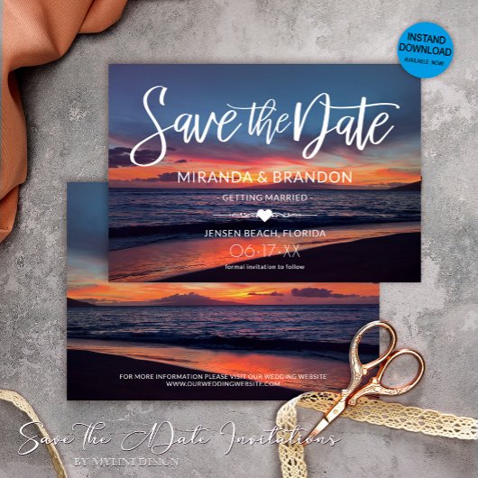 Save The Date Romantique Coucher de soleil bleu Eté Plage Mariag