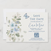 Save The Date Romantique Dusty Blue Floral Code QR Mariage (Devant)