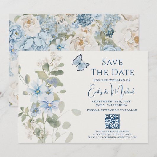 Save The Date Romantique Dusty Blue Floral Code QR Mariage (Devant / Derrière)