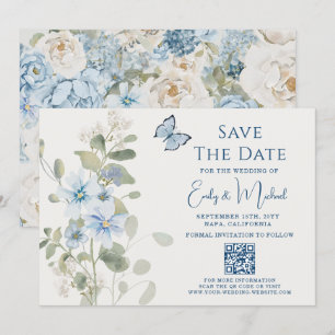 Save The Date Romantique Dusty Blue Floral Code QR Mariage