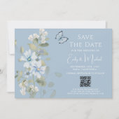 Save The Date Romantique Dusty Blue Floral Code QR Mariage (Devant)
