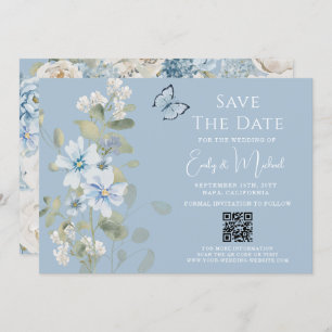 Save The Date Romantique Dusty Blue Floral Code QR Mariage