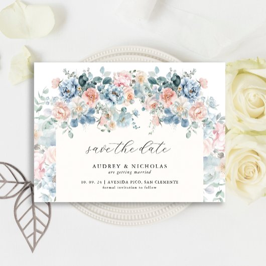 Save The Date Romantique Élégant Dusty Blue Peach Florals Mariag