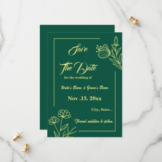 Save The Date Romantique élégant or fleur émeraude mariage vert (Devant/Arrière en situation)