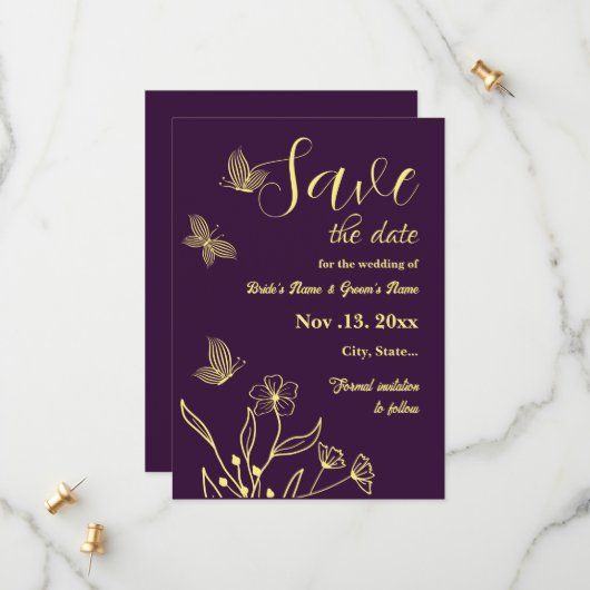 Save The Date Romantique élégant or fleur violet mariage (Devant/Arrière en situation)